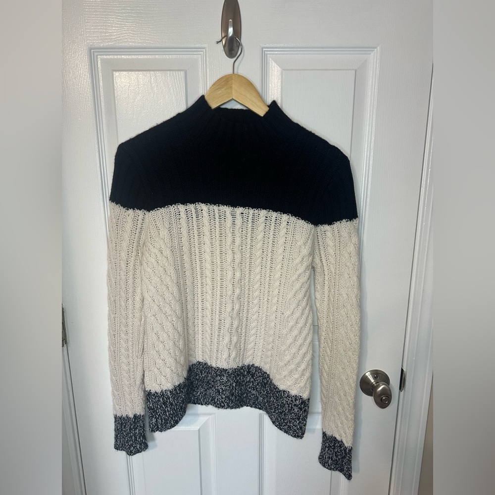 Aqua Cashmere Sweater Cable Knit Black Cream Gray Color Block Pullover Size M